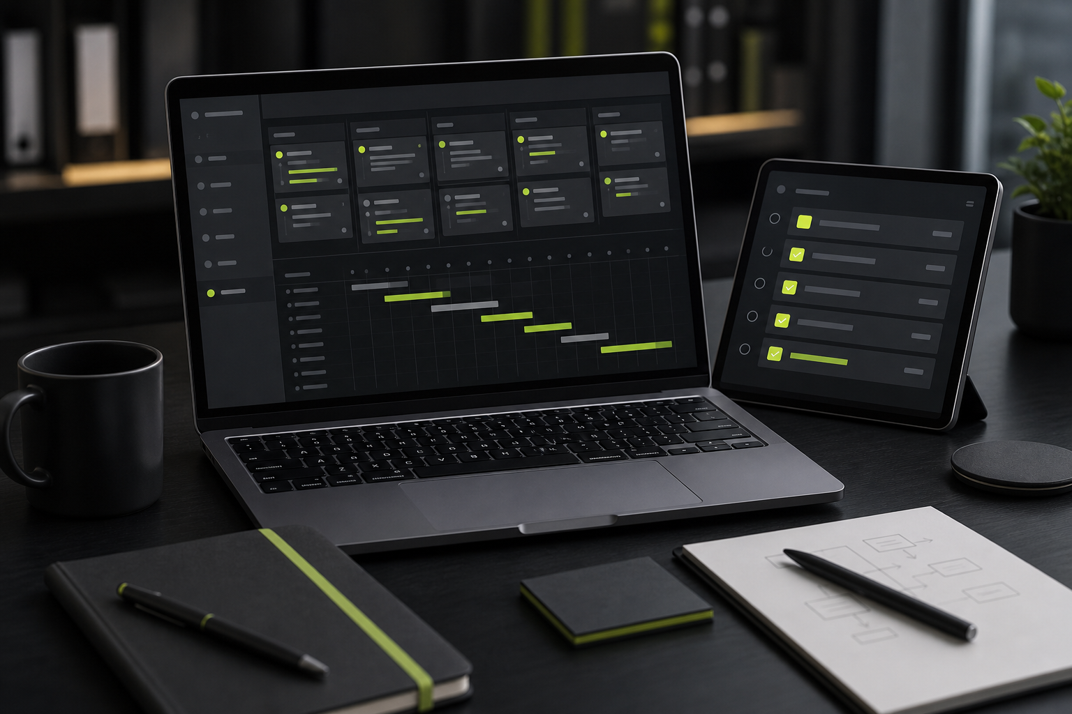 Laptop und Tablet mit abstraktem Projektboard und Timeline