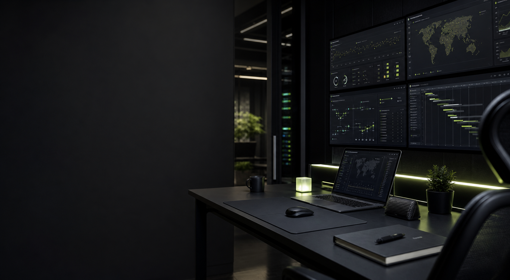Dunkler Operations-Arbeitsplatz mit Dashboard- und Projektstatus-Visuals