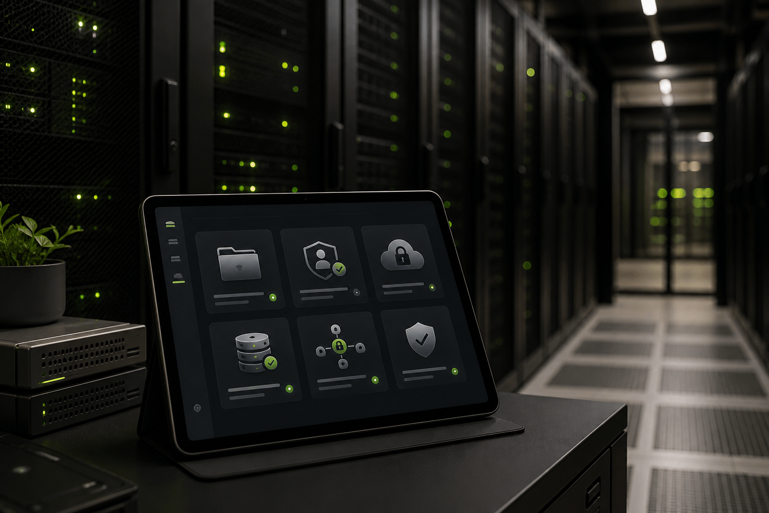 Sicherer Serverraum mit Statuslichtern und Storage-Interface